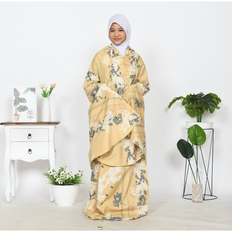 Mukenah Anak Cewek Cantik Terbaru Tanggung Azura Hasya 2In1 Resleting Travel Katun Motif Tanggung Re