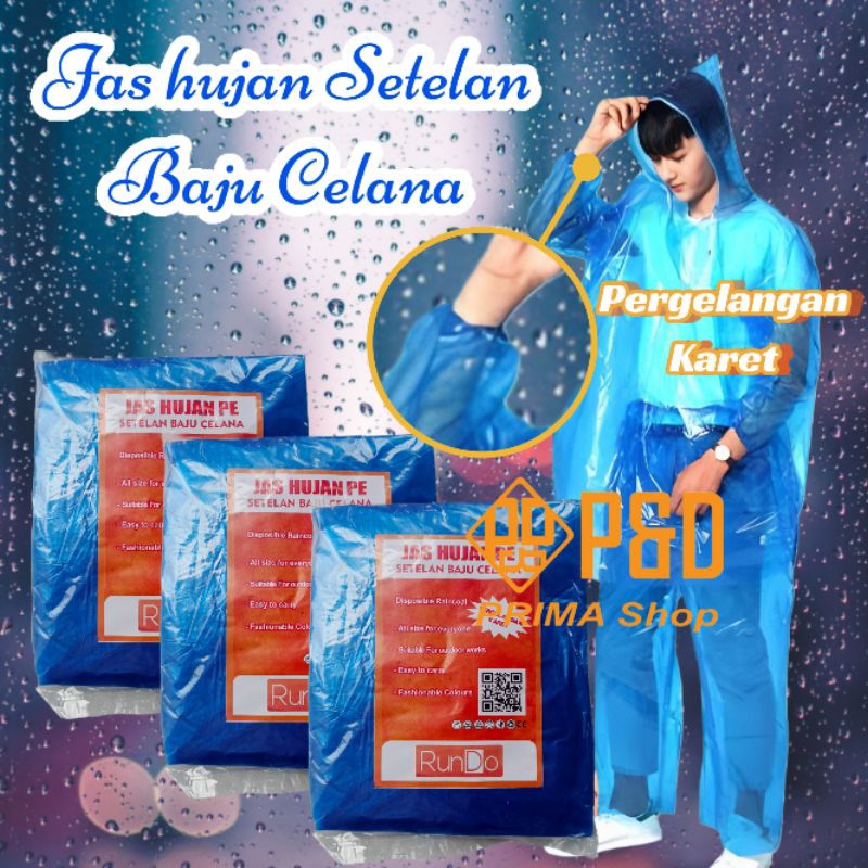 Jas hujan plastik setelan baju celana pergelangan karet