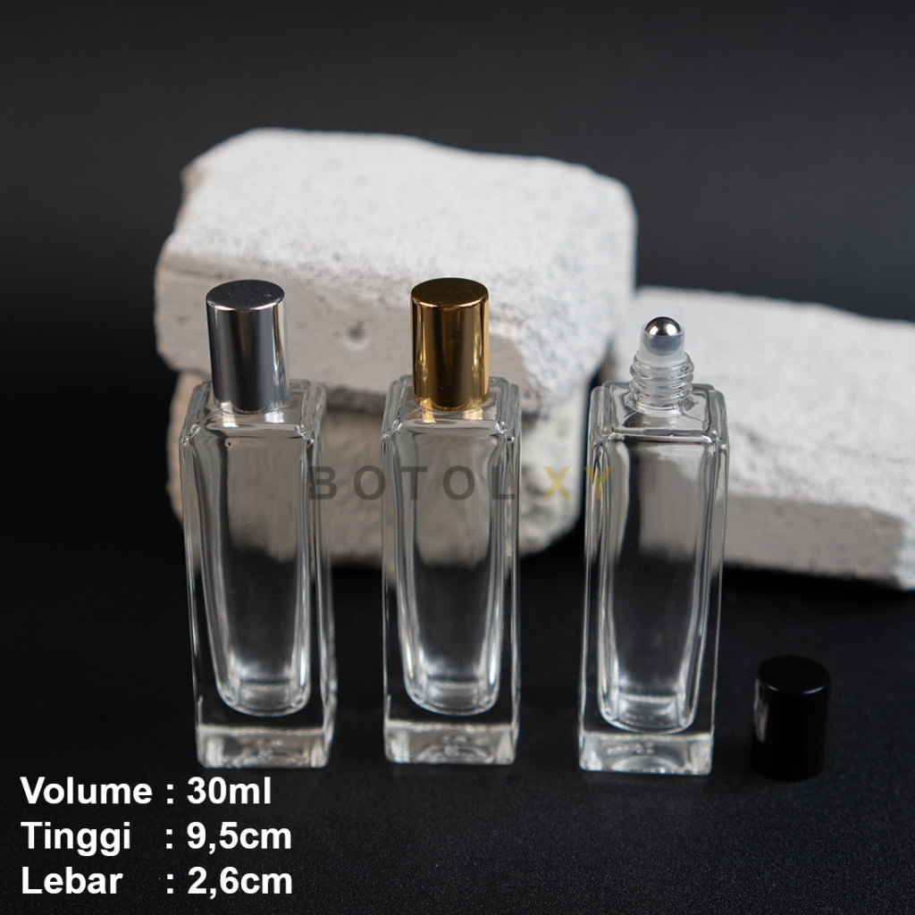 Botol Roll On 30ml Kaca Tebal KOTAK Bening - Bola Besi - Aromatherapy Oil Parfum