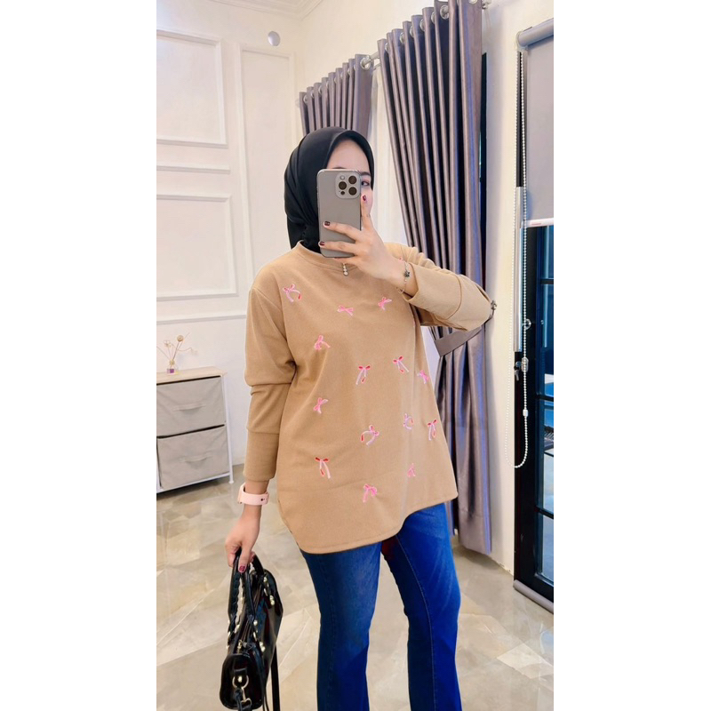 atasan renda pita kaos knit rajut