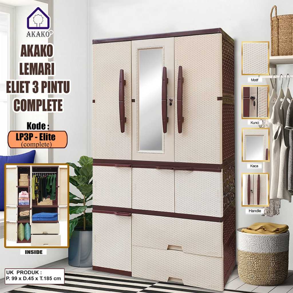 Lemari Plastik Akako 3 Pintu Jumbo LP3P ELITE KACA CERMIN GANTUNG JUMBO BESAR KUNCI