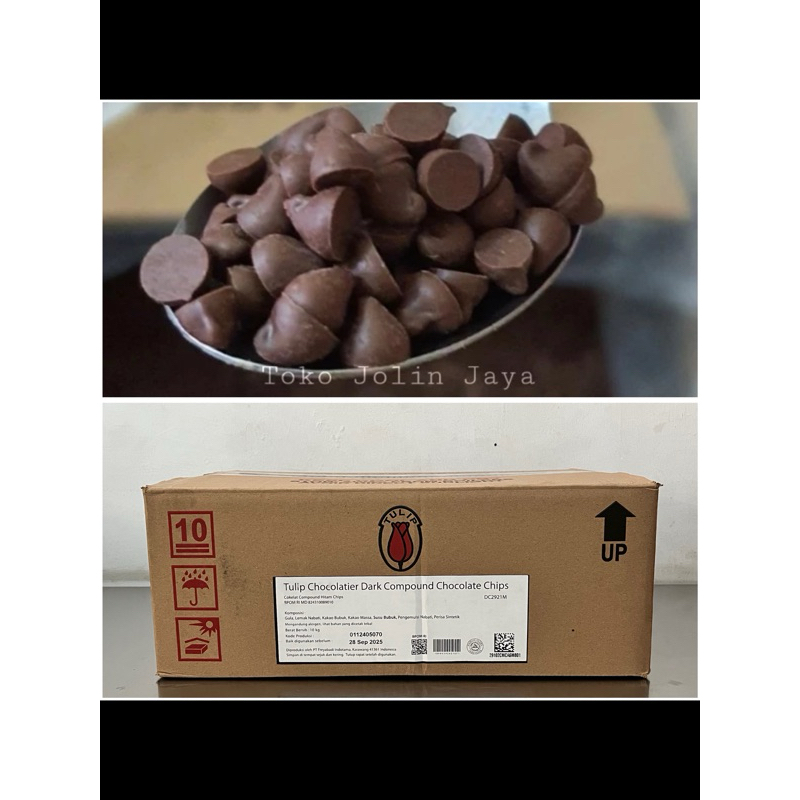 

500g repack Tulip dark choco chips runcing