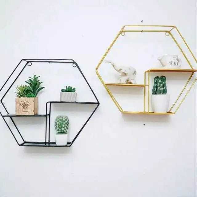 rak hias dinding Rak Dinding Kayu besi Hiasan dinding Rak Dinding Besi Minimalis Vintage Rak Hexagon
