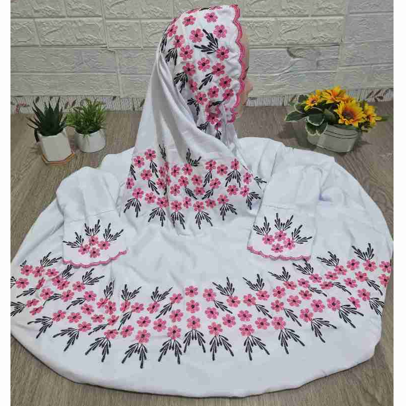 Mukena Terusan Putih Bordir Motif Terbaru Katun Mikro Adem