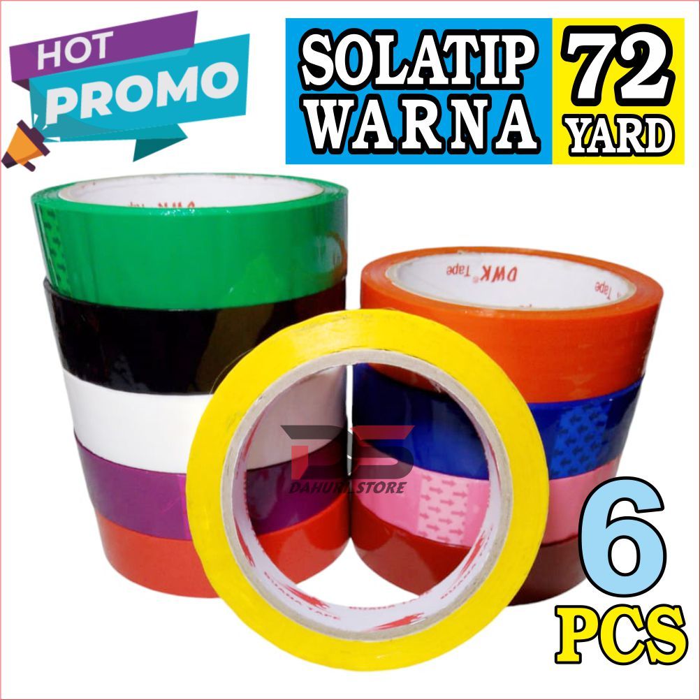 

LAKBAN WARNA 24mm / 1 inch X 72 yard, SOLATIP WARNA HIJAU,HITAM,BIRU,PUTIH,PINK,MERAH,KUNING,