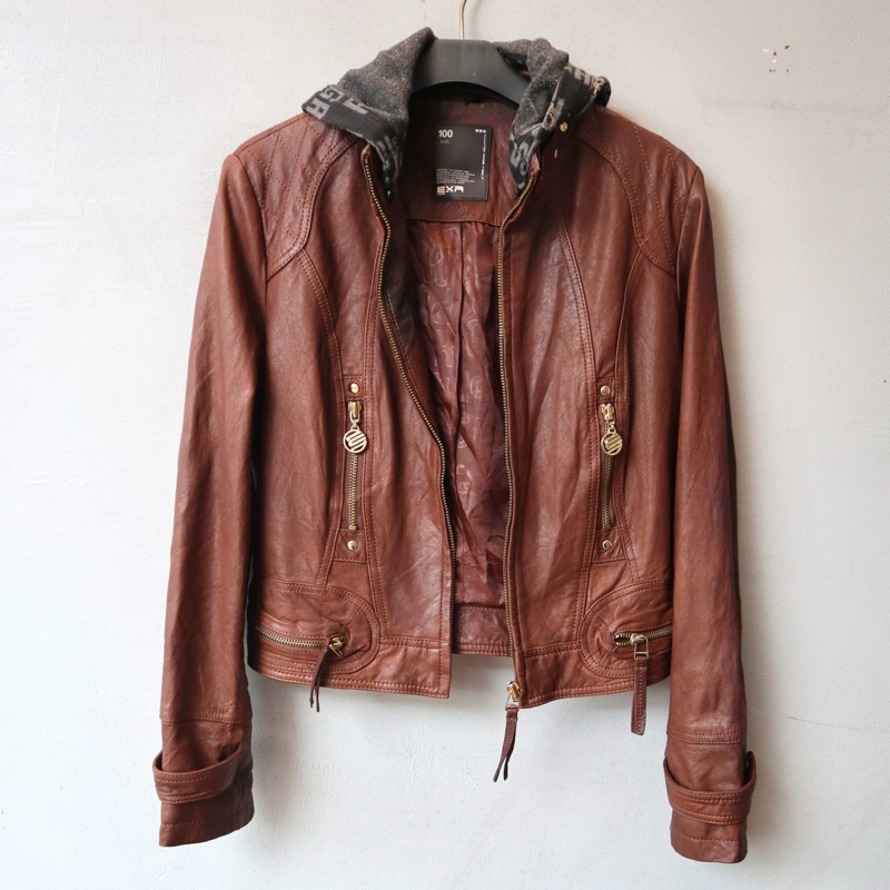 EXR kulit domba Jaket kulit asli hudi cewek wanita motor biker rider hoodie leather jacket Pl bekas 