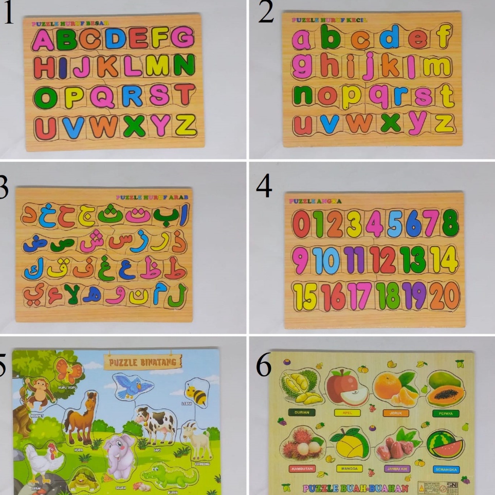 Paket Populer Mainan Edukasi Kayu Puzzle Mini Hijaiyah Huruf besar Huruf Kecil AngkaBuahHewan Transp