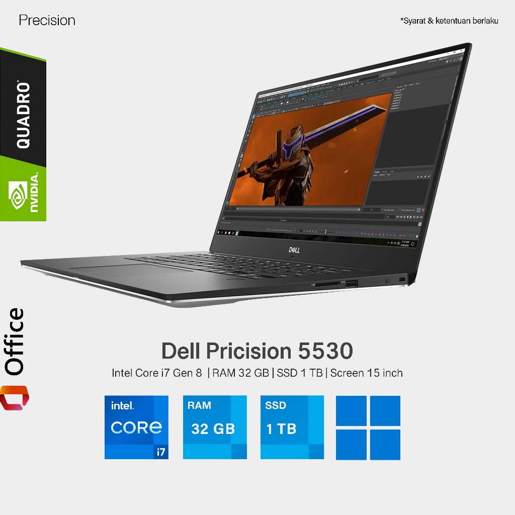 Laptop Gaming Dell Pricision 5530 Core i7 Gen 8 RAM 32 GB SSD 1 TB VGA NVIDIA QUADRO 4 GB Layar 15 i