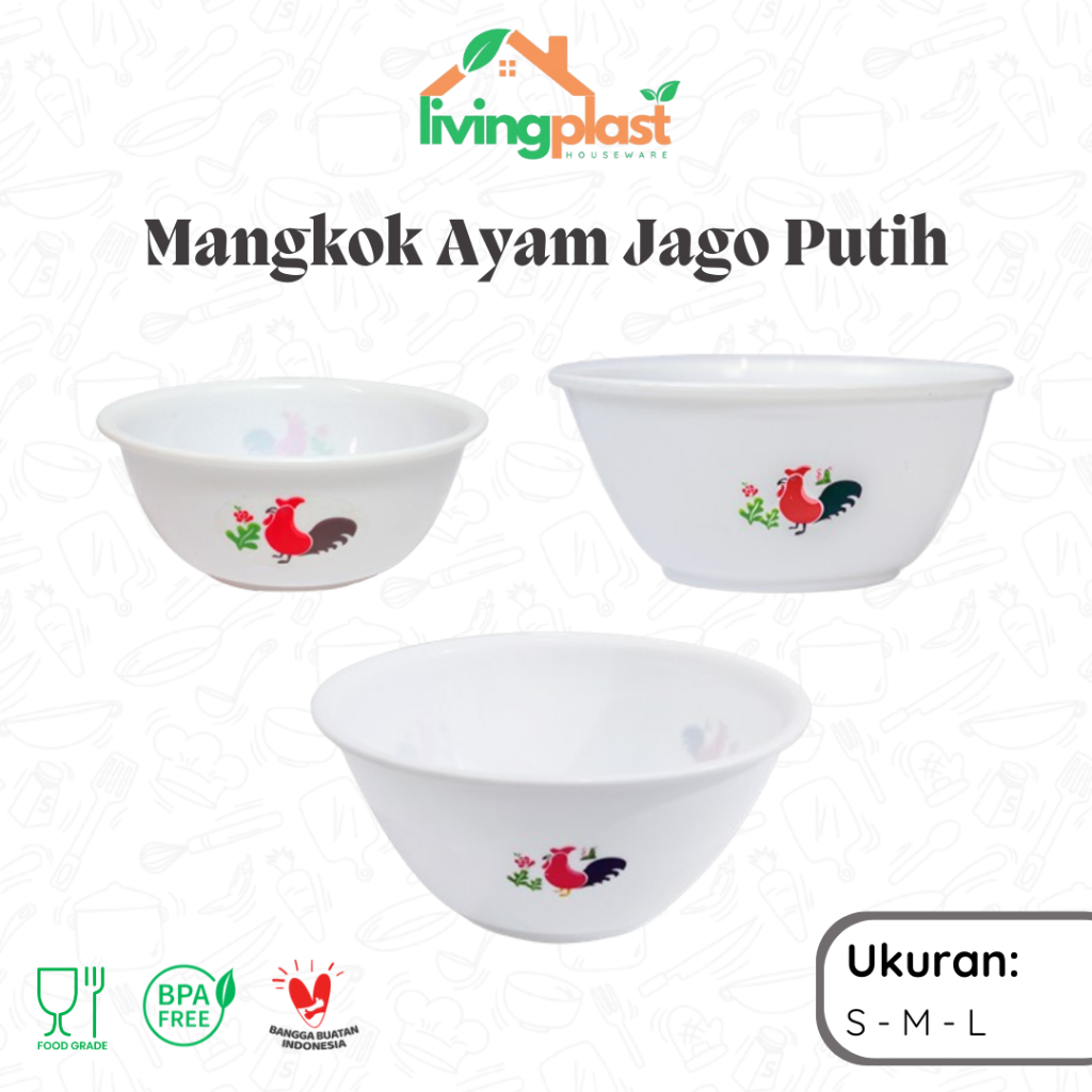Mangkok Ayam Jago Putih Kecil Sedang Besar / Mangkok Plastik Putih Gambar Ayam / Mangkok Murah