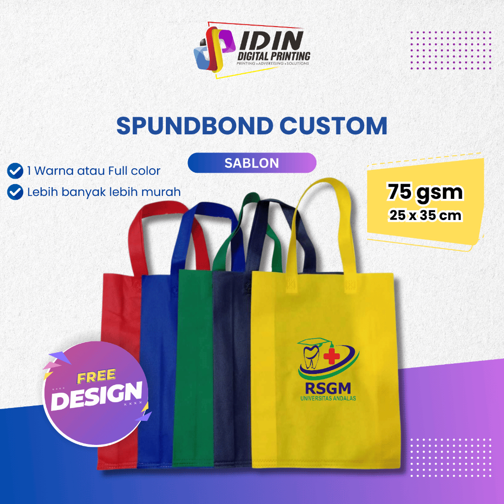 

Tas Souvenir Spunbond Sablon 25 x 35 cm 75 gsm Tebal Tali Jinjing Tote Bag Goodie Bag Warna - Percetakan Idin Digital Printing
