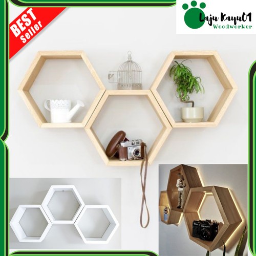 Rak Dinding Hexagonal segi enam Hiasan Dinding Aesthetic Rak Hexagonal Kayu Pajangan Hiasan Dinding 