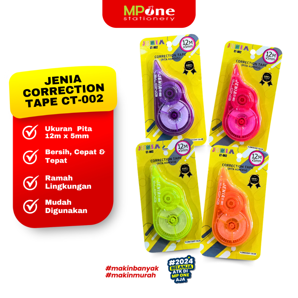 

(1 PCS) Jenia Correction Tape 12mx5mm CT-002 Cover Neon / Tipe Ex Kertas Roll 12meter Jenia Tipe X CT002
