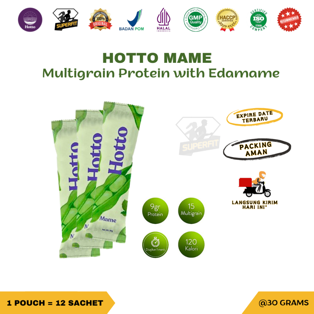 

HOTTO MAME Per Sachet Multigrain Protein with Edamame Isolate Whey Prebiotik Oat Beta Glucan Diet Sehat Sereal Kacang Kedelai Jepang Ubi Ungu Purple Potato Organik PURTO Malt Rendah Kalori BPOM HALAL