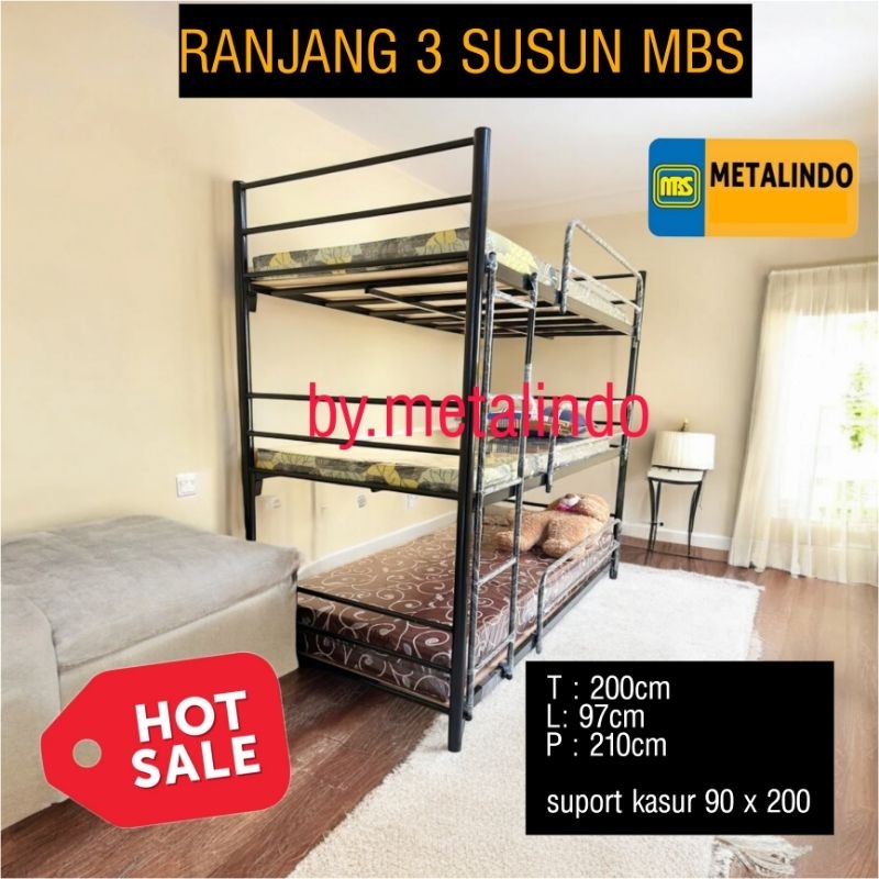 Ranjang Besi 3 Susun MBS Bunk Bed Ranjang Kuat Tempat Tidur Tingkat Besi