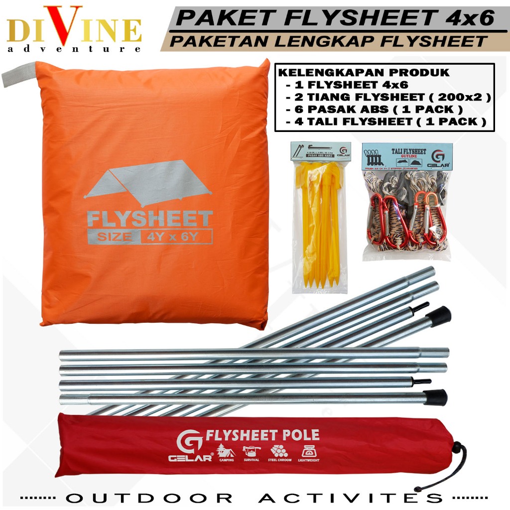 paketan flysheet tenda camping size 4x6 waterproof lengkap 1 flysheet 4x6 + 2 tiang + 6 pasak abs + 