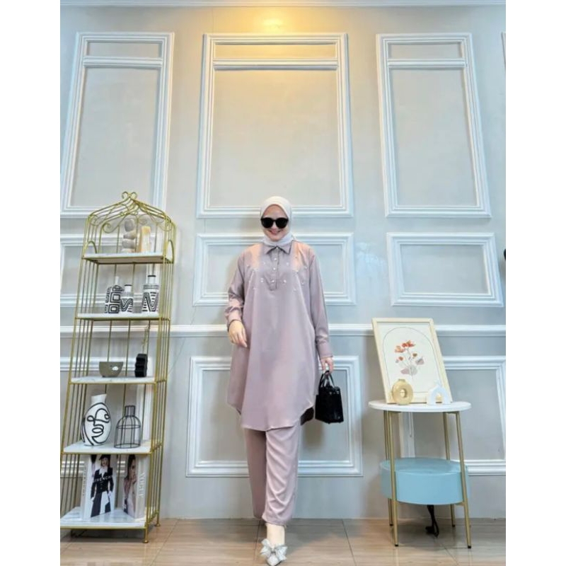 Set Tunik Polos Beads Bahan Shakila Set Celana