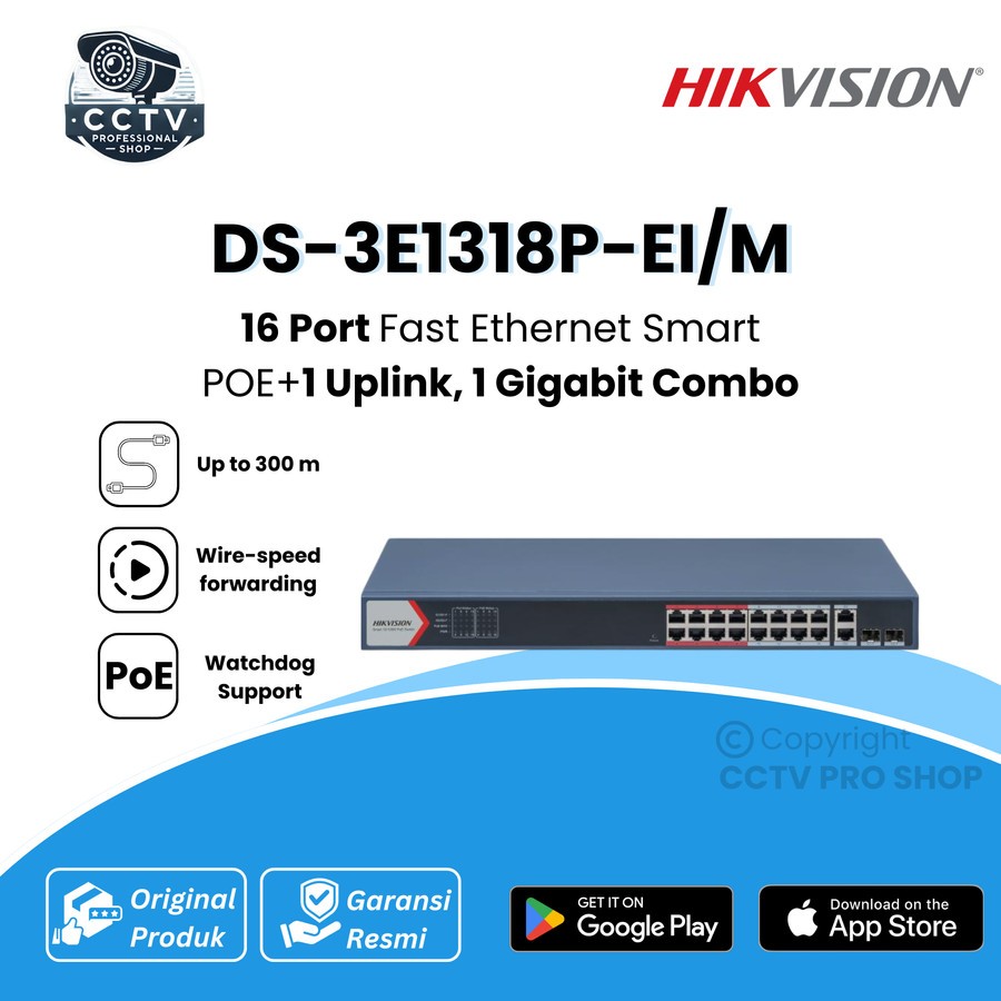 HIKVISION SMART POE SWITCH 16 PORT + 2 UPLINK / HikVision POE Switch DS-3E1318P-EI/M