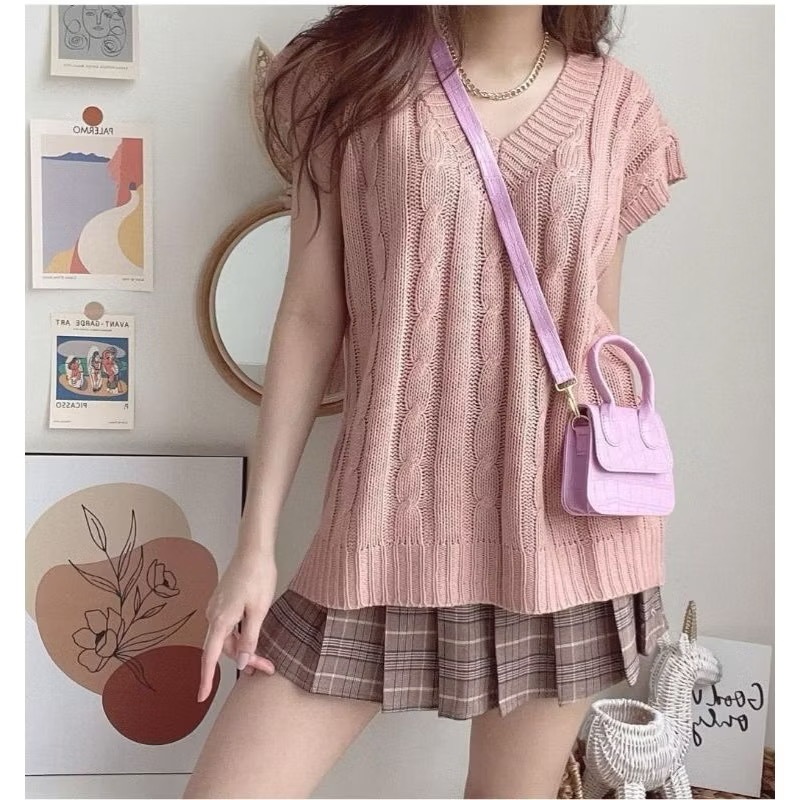 Vest Outer Rompi Rajut Wanita Tanpa Lengan Premium Tebal - Dusty Pink