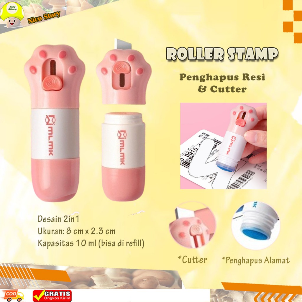 

(NCS) Penghapus Alamat Resi Thermal Paket dan Cutter Mini Lucu 2In1 Penghilang informasi Cairan koreksi kertas package opener roller stamp Cute Information Remover Receipt