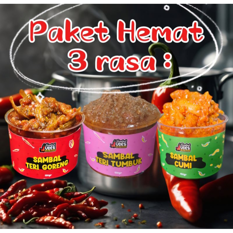 

paket hemat 3 Sambal : 3 rasa : ikan teri goreng, sambal baby cumi, sambal teri tumbuk, yuk mari dicobain guys