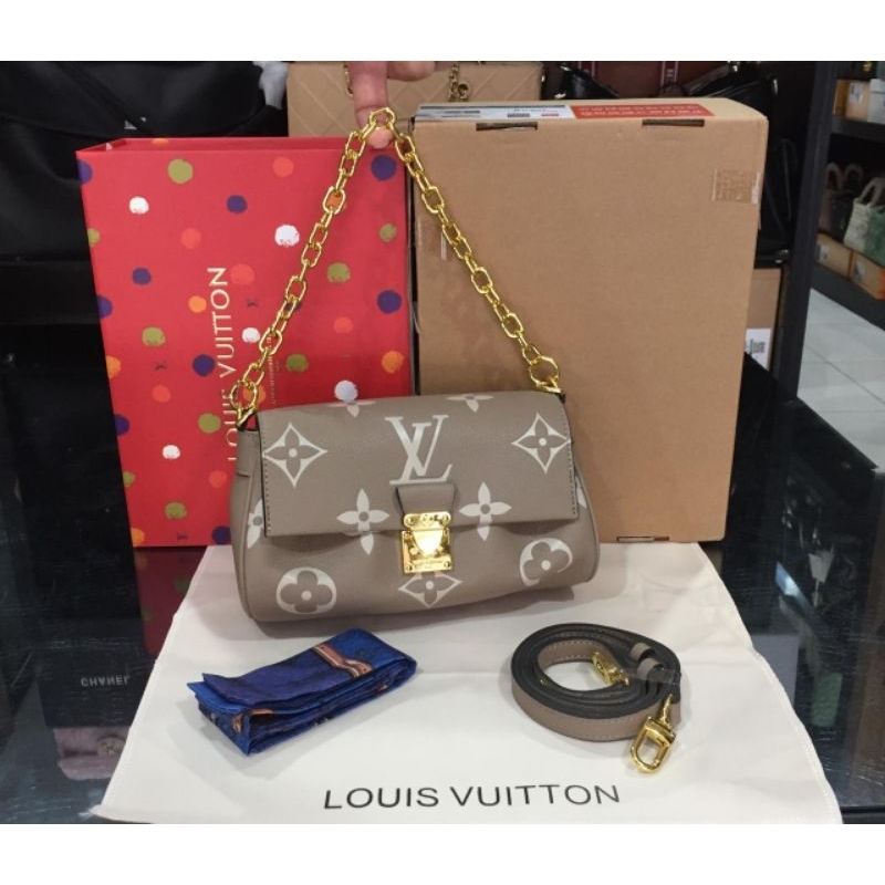 Tas Lv Favorite Bicolor Monogram Empreinte Shoulder Bag Tourterelle with Magnet Box + Twilly  *M4583