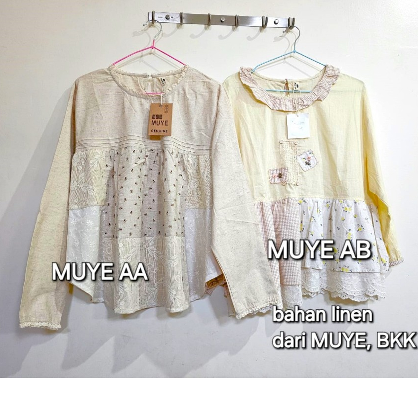 Atasan oversize BKK model patchwork babydoll lengan panjang bahan linen mix merk MUYE