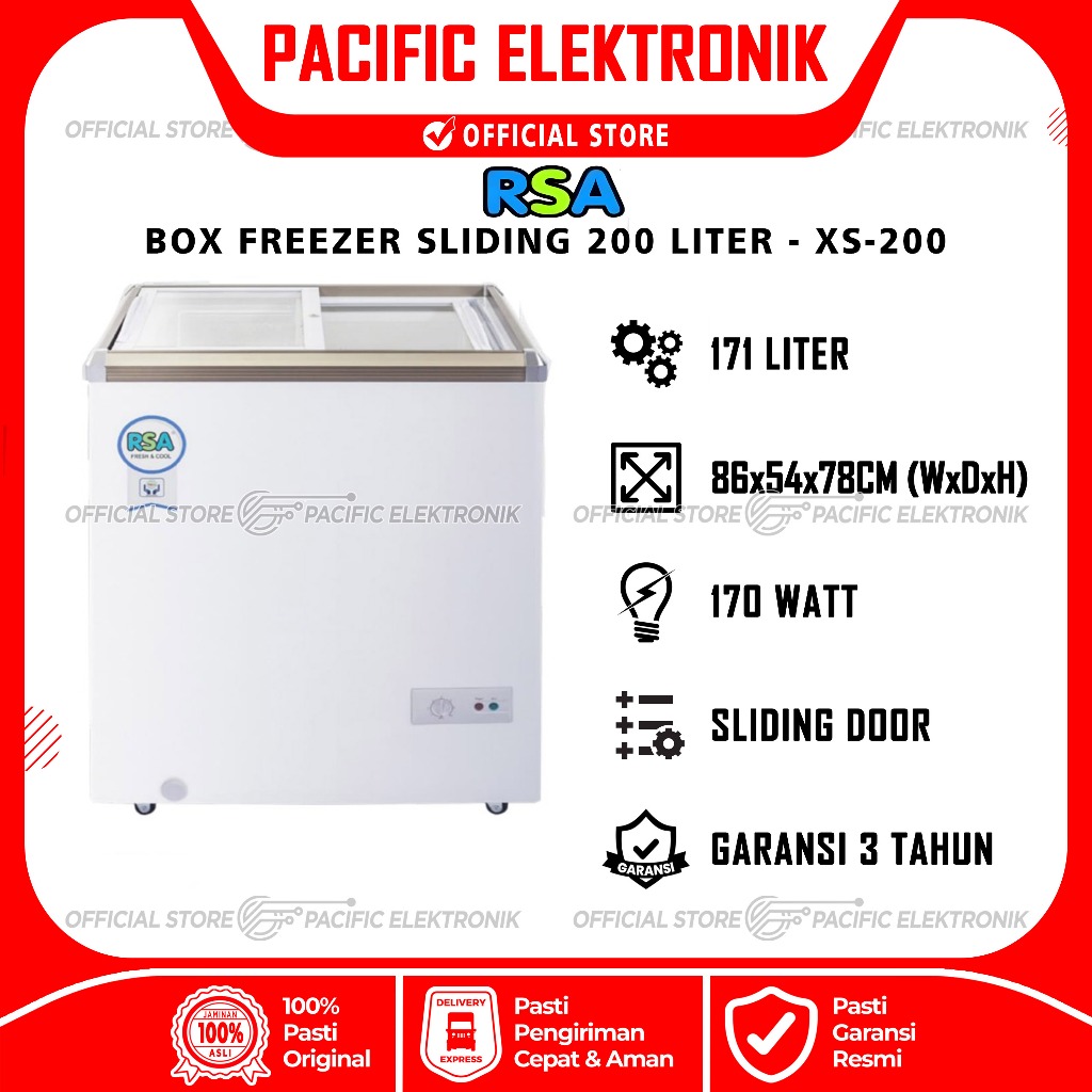 Box Freezer / Chest Freezer Sliding Flat Glass RSA 171Liter XS-200 / XS200 (Box Freezer Kaca)