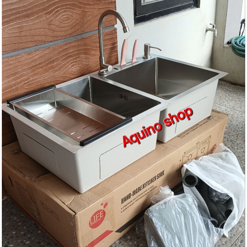 Paket komplit wastafel bak cuci piring Hand made kitchen sink 2 lubang stainless ukuran 82cm×45cm×22