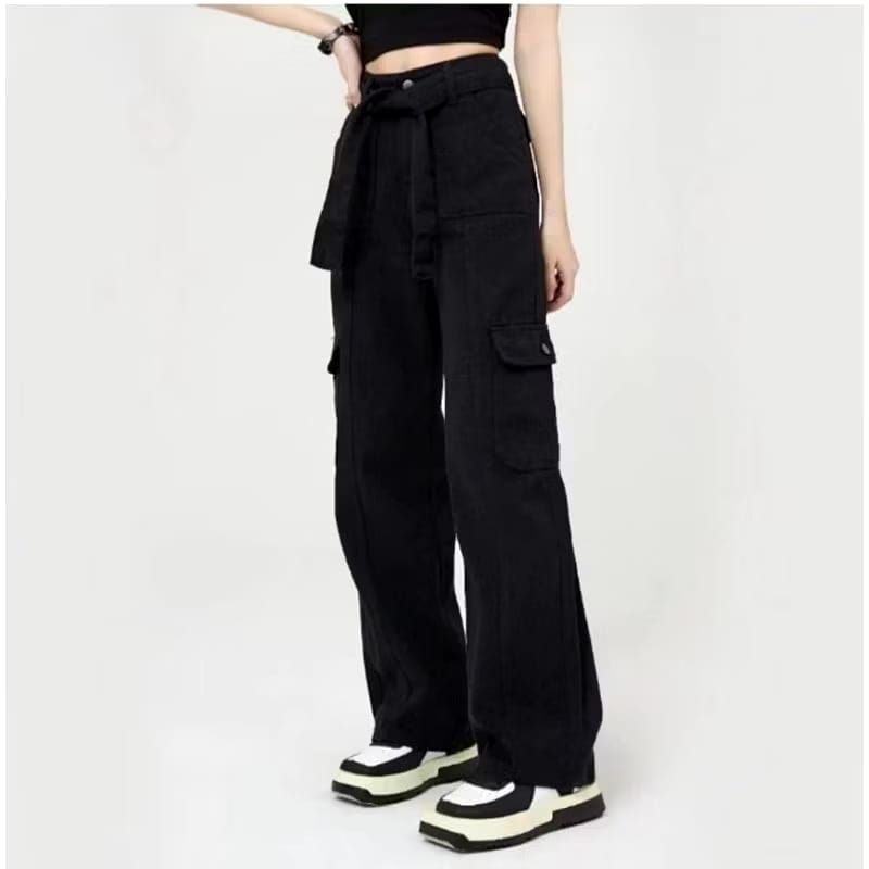 Jeans Cargo Highwaist Pinggang Tali TRen Korea Terbaru