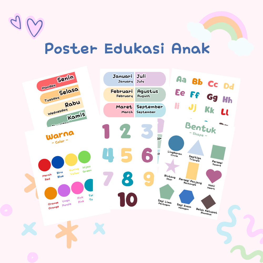 Poster Edukasi Anak A4/ Poster Warna / Poster Bentuk / Poster PAUD / Poster Anak TK