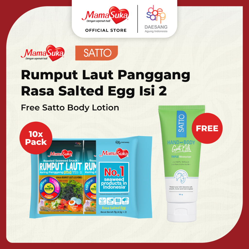 

MamaSuka X Satto - Rumput Laut Panggang Salted Egg Isi 2 Free Body Lotion