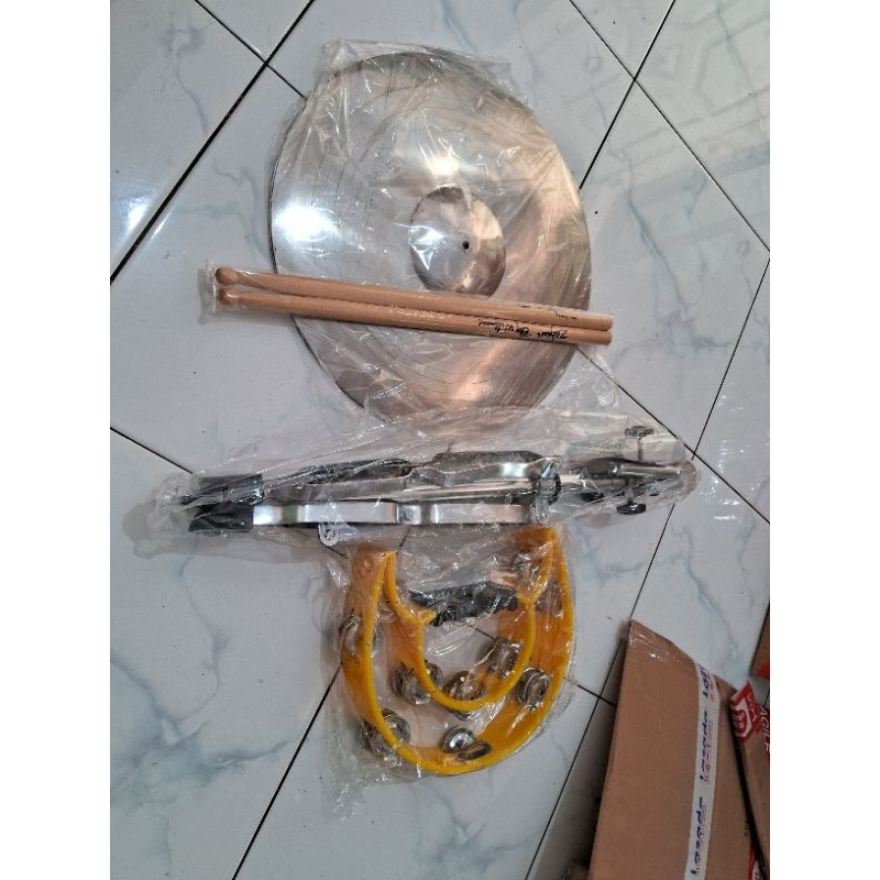 paket simbal+sten+tamborin+stik pelengkap alat musik marawis hadroh calung qasidah