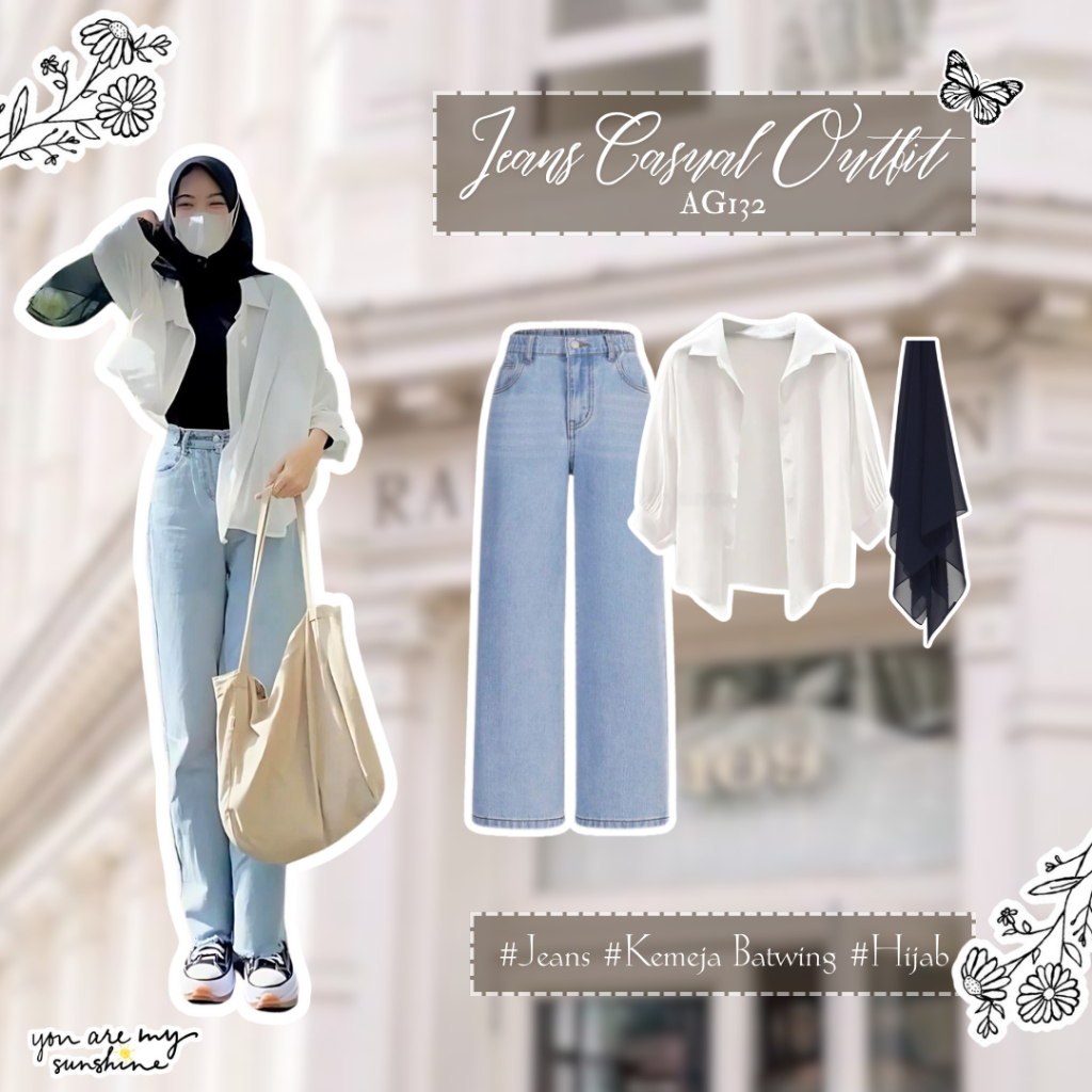 3in1 OOTD Korean Style Hemat Kampus Outfit Set Wanita Korean Style Kemeja Batwing Putih Celana Jeans