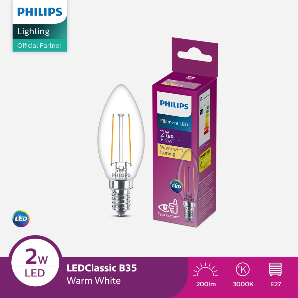 Lampu Philips Filament Bohlam LED 2W B35 E14 Kuning