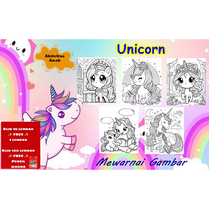 KERTAS MEWARNAI COLORING ANAK / BUKU MEWARNAI UNICORN /AKTIVITAS ANAK