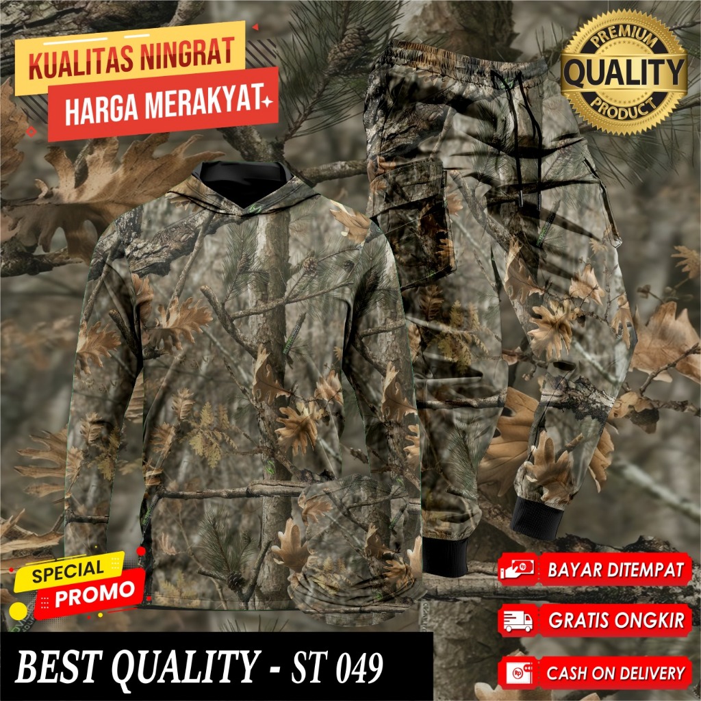 Setelan Baju Camo Hoodie Berburu Hunting Baju Berburu Hutan Kamuflase 1 Set Buff Celana Camo ST