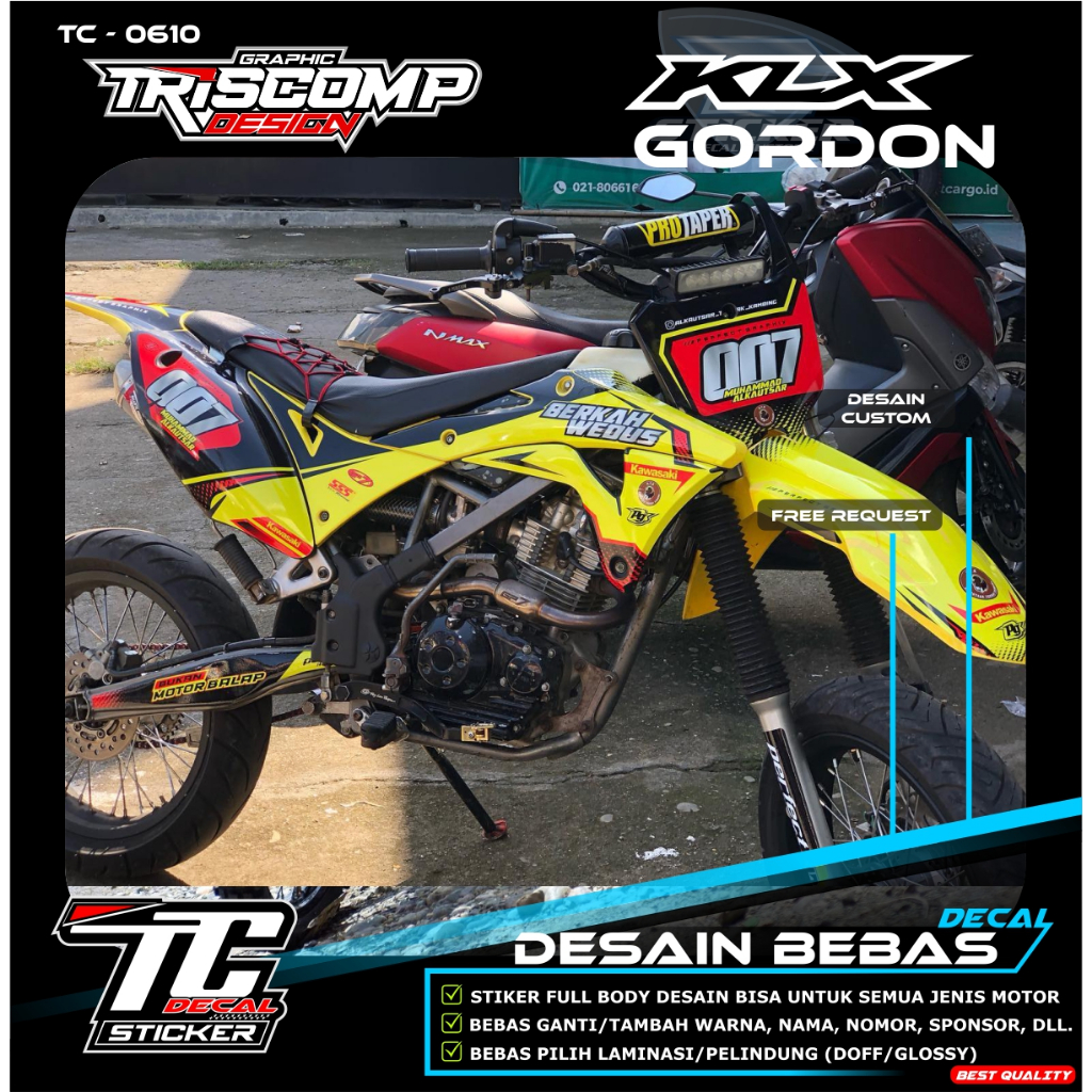 Decal sticker motor trail KLX Gordon fullbody Motif warna kuning desain custom bisa reques Ubah nama