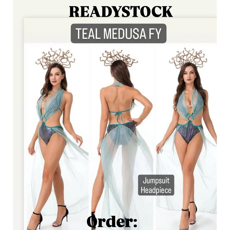 kostum halloween Medusa biru