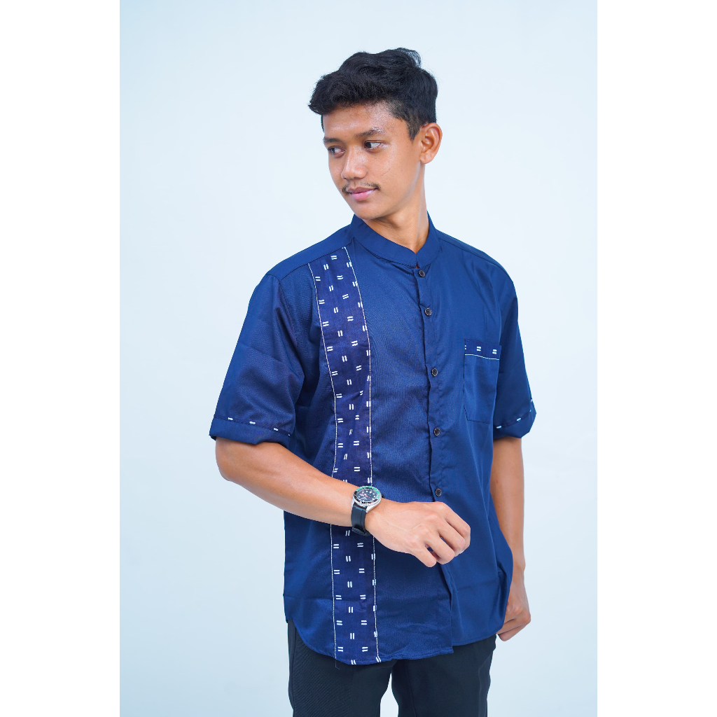 MY KOKO Baju Muslim Pria Polos Kombinasi Batik Kekinian Warna Navy