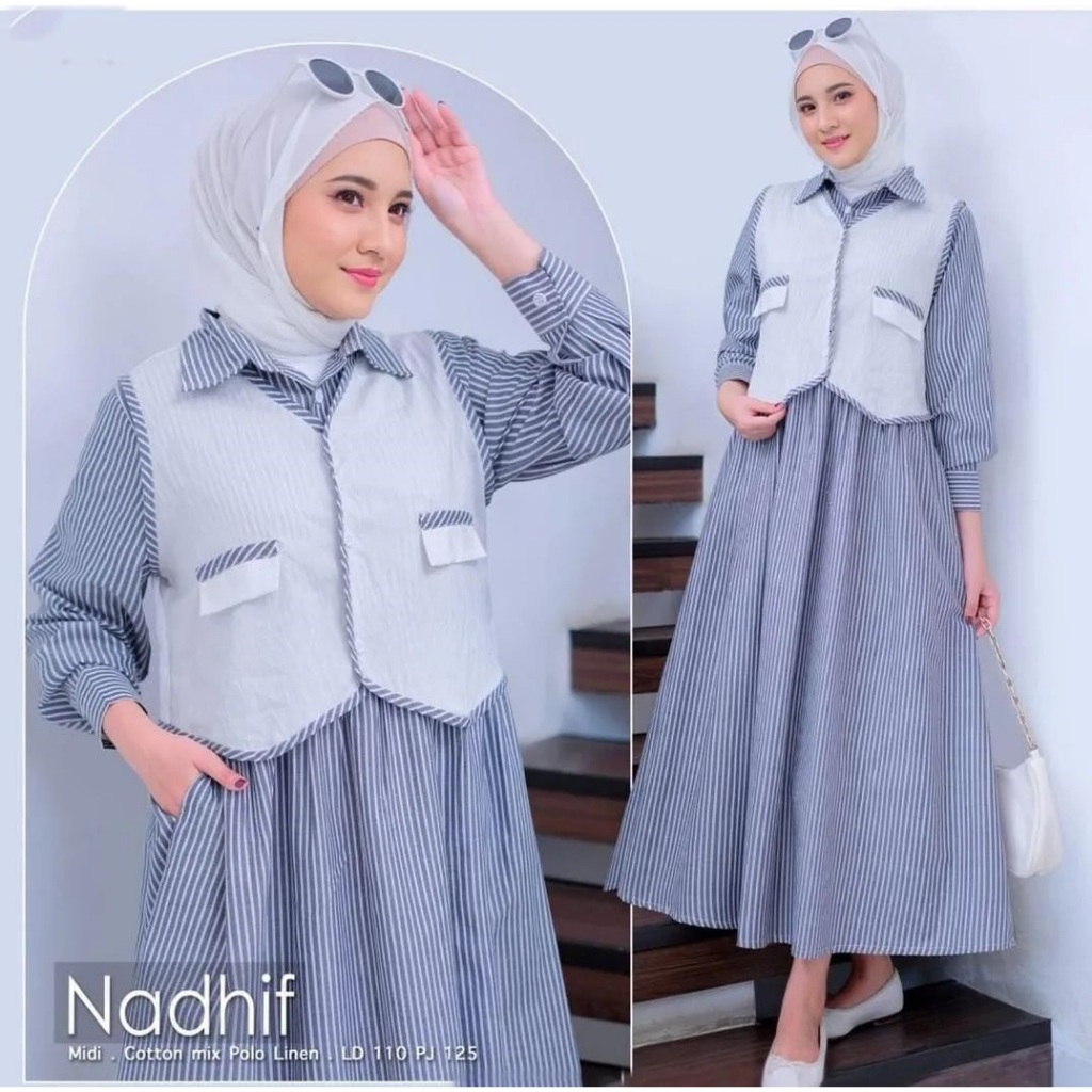 Geedo - Nadhif Midi Dress Katun Salur Terbaru 2025 Dress Muslim Korean Style