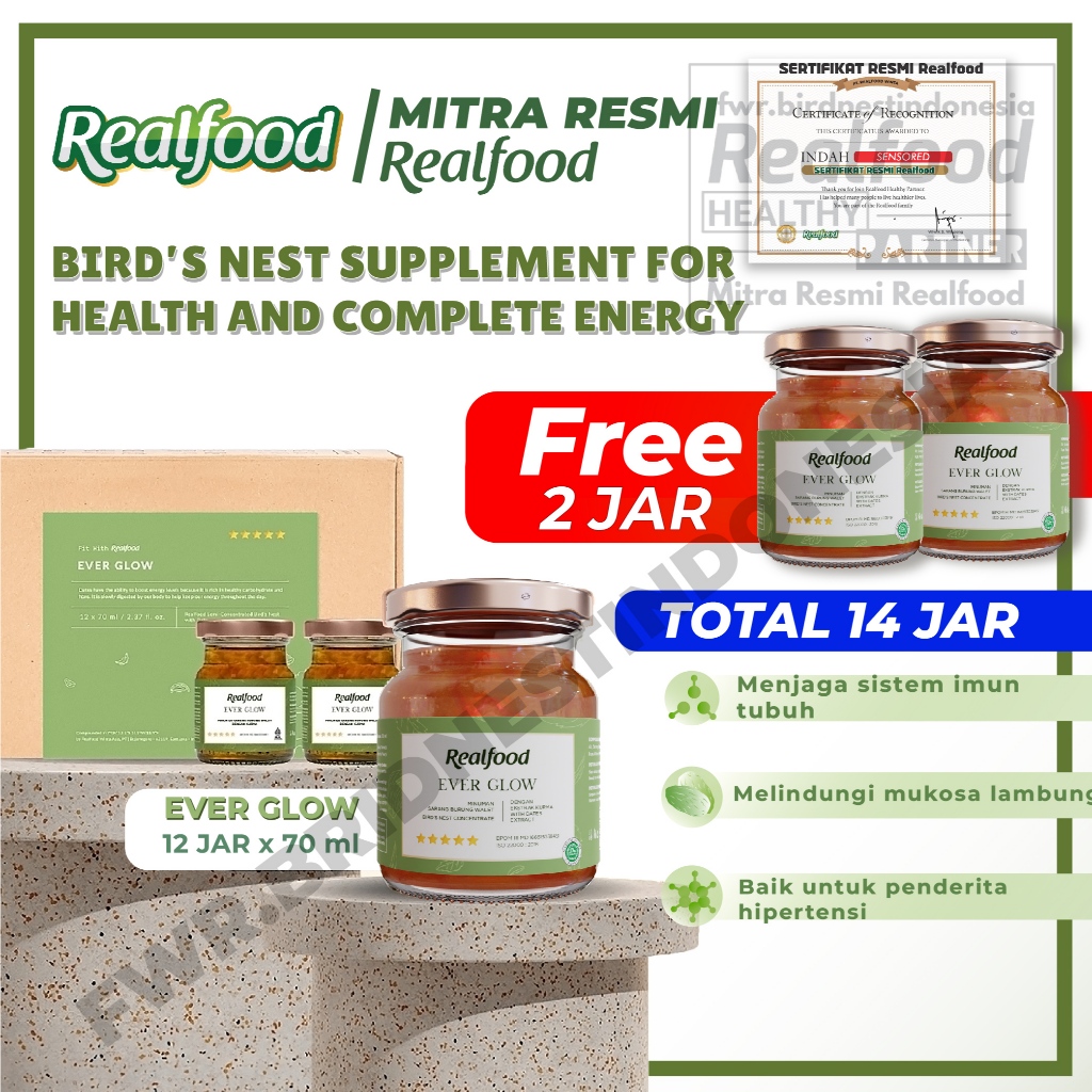 

Realfood Ever Glow 12 Jar Bird Nest | Minuman Sarang Burung Walet + Kurma FWR Indo Birdnest