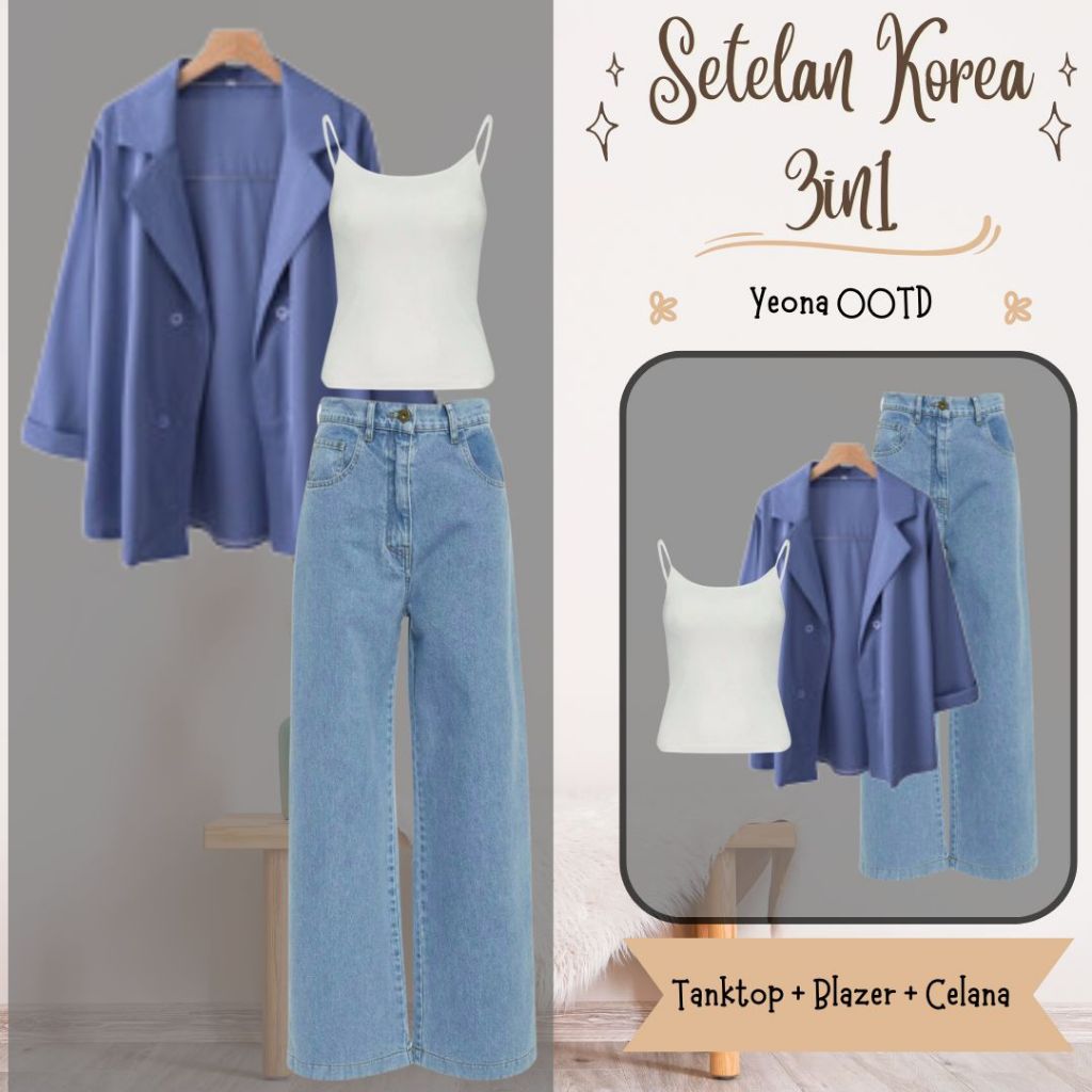 3in1 Yeona Set Kekinian ala Korea (Tanktop Putih Tali Kecil + Blazer Wanita Denim + Celana Kulot Jea