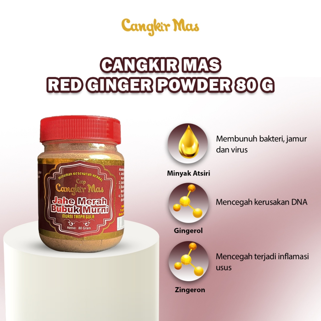 

Cangkir Mas Jahe Merah Bubuk Murni Toples 80 Gram (tanpa gula)