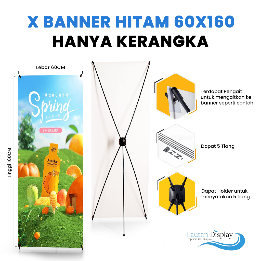 Tiang Standing X Banner Hitam / Putih Fiber 60x160 Cm Rangka Berdiri Baner Spanduk Cagak MMT
