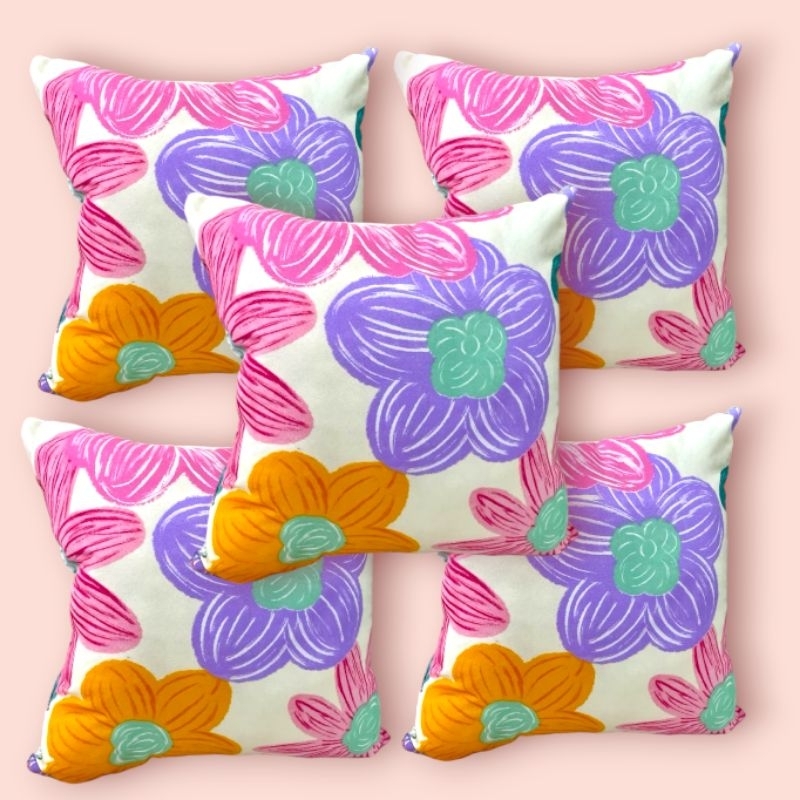 (1 SET 5PCS) BANTAL SOFA RUANG TAMU+ISI DAKRON UKURAN 40X40 MOTIF BUNGA PINK AESTHETIC ELEGAN TERLAR