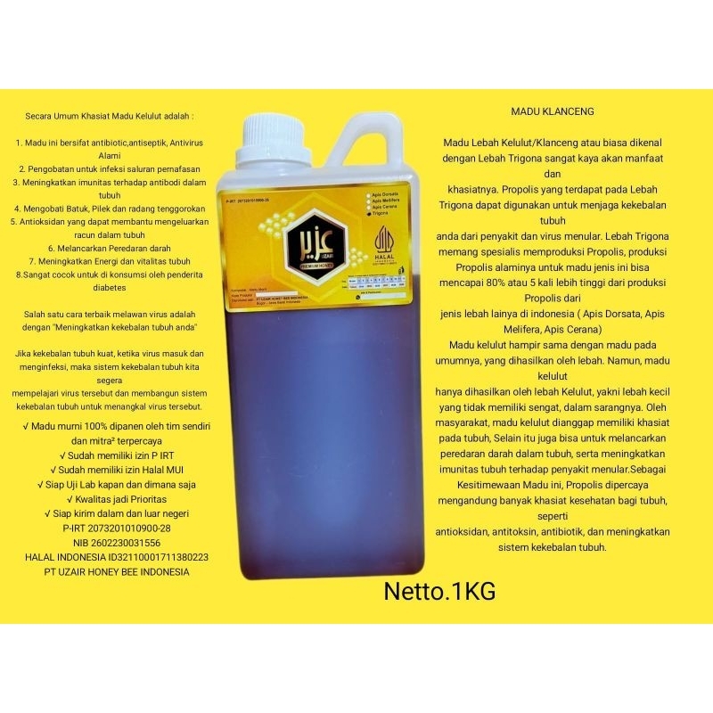 

MADU MURNI ORIGINAL 1KG KLANCENG / KELULUT / TRIGONA