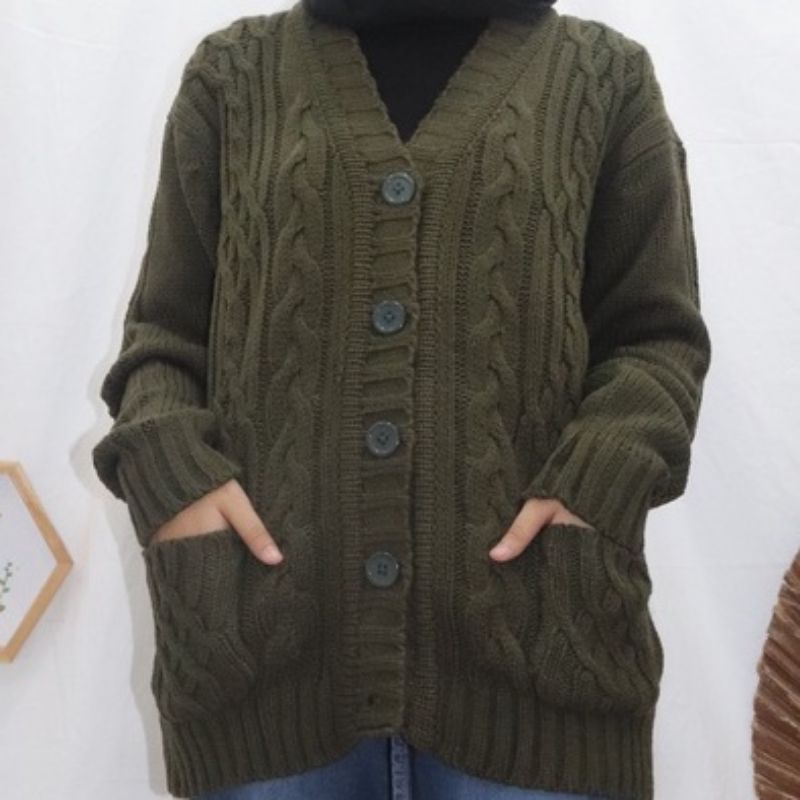 Cardi rajut cable Cardi tebal warna army