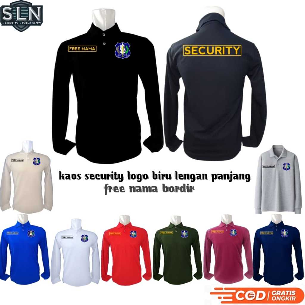BAJU SECURITY LOGO BIRU FREE NAMA BORDIR LENGAN PANJANG | KAOS SECURITY LOGO BIRU | BAJU SATPAM SLN