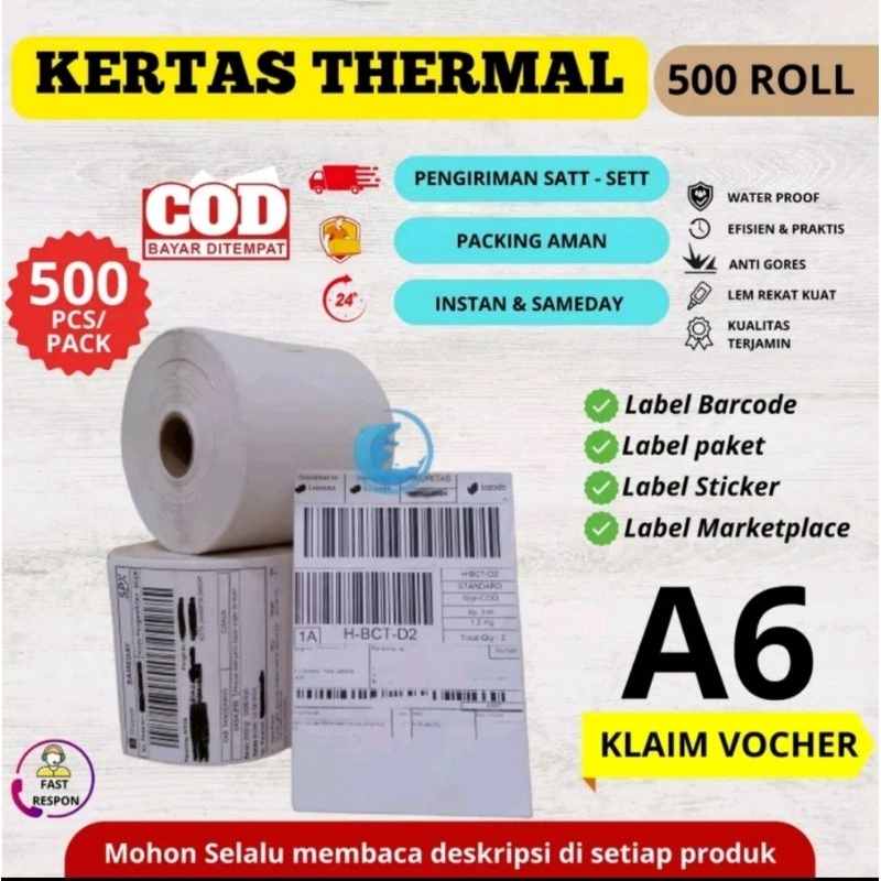 

Kertas Thermal label barcode ukuran 100x150 isi 500 pcs/roll