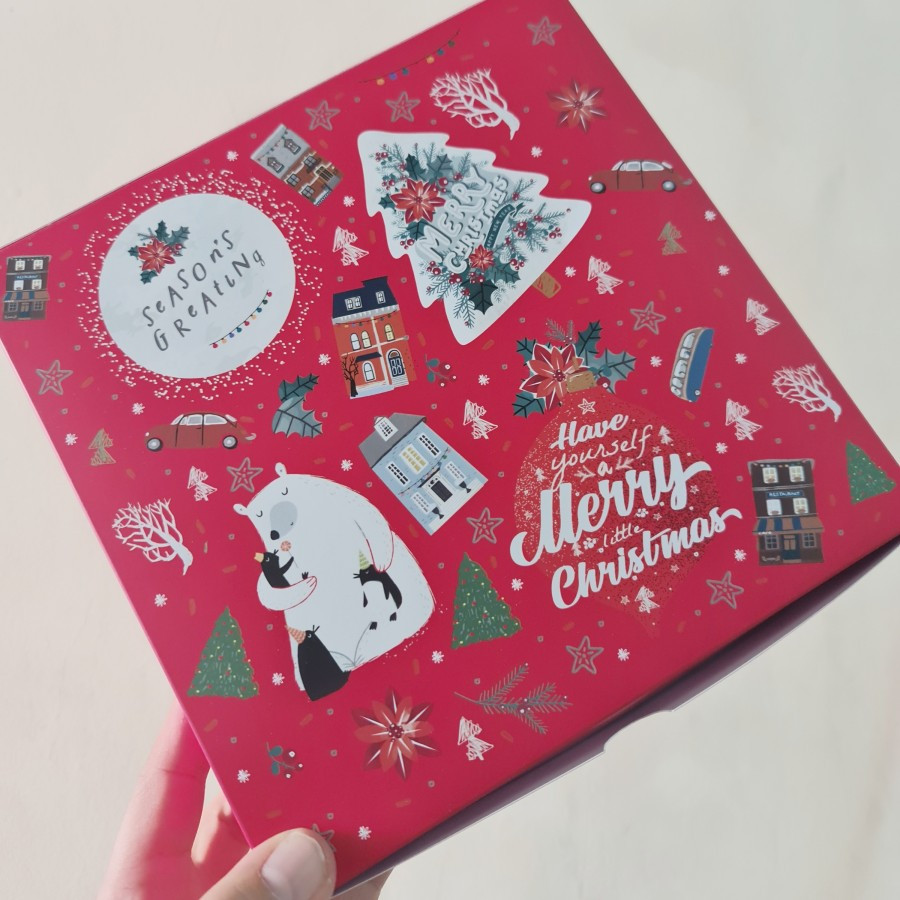 

( 5 pcs ) dus natal merah motif season greatings laminsi doff box packaging kemasan kue bolu surabaya lapis legit kue tart brownis ukuran 20x20x10 cm